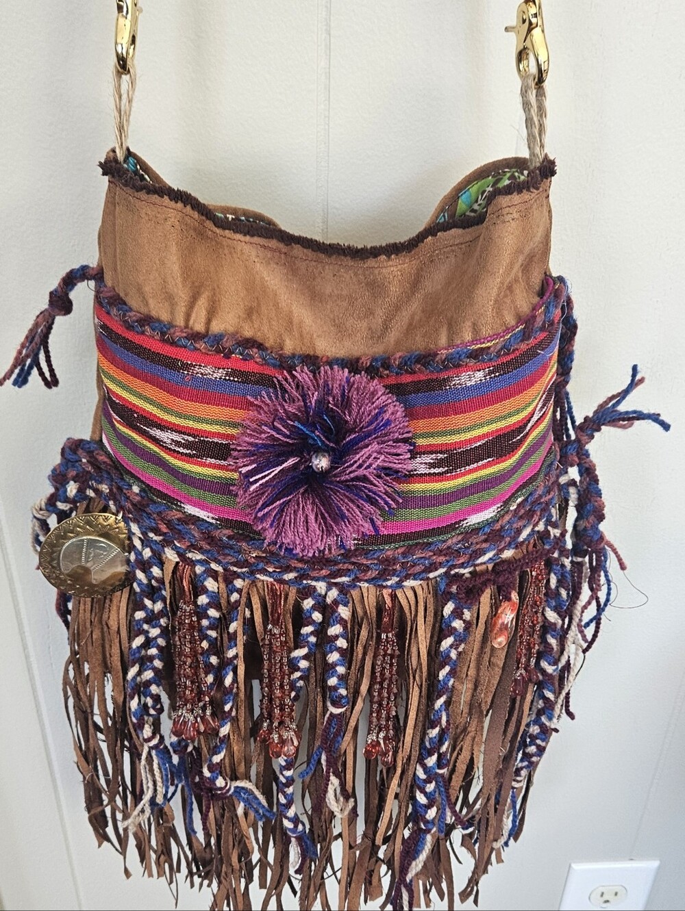 Fringed Faux Suede Boho Shoulder Bag with Multicolor Stripe Panel Handmade